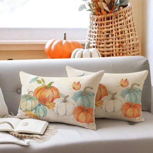 Vista 2 de RABUSOFA Fundas de almohada de otoño de 12 x 20 pulgadas, almohadas decorativas de calabaza naranja, fundas de almohada de otoño para exteriores
