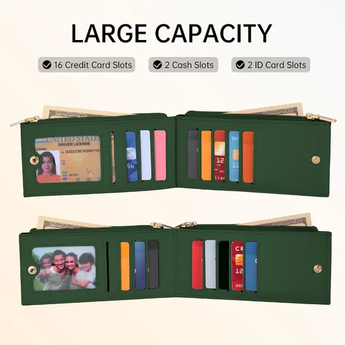 Vista 5 de Cartera RFID para mujer, forma de N, Verde, Tamaño compacto