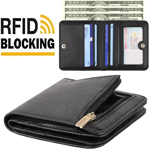 Vista 7 de Billetera para mujer, con bloqueo Rfid, pequeña, compacta, plegable, de lujo, de cuero, con bolsillo para mujer, minivestido con ventana de Verde