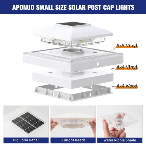 Vista 2 de APONUO Luces solares para postes de 4 x 4, 5 x 5, impermeables IP64, LED de 6500 K, luces de valla sin cables y luces de cubierta para patio Blanco