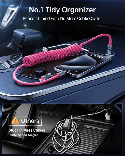 Vista 4 de Cable USB C en espiral 4 en 1 para automóvil de 5 pies [carga rápida de 60 W] compatible con cable Lightning [CarPlay y Android Auto] Combo de cable