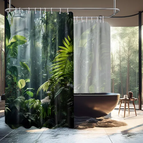 Vista 11 de Cortina de ducha verde de selva naturaleza bosque selva tropical paisaje planta tropical decoración de baño, tela impermeable con ganchos, 36x72