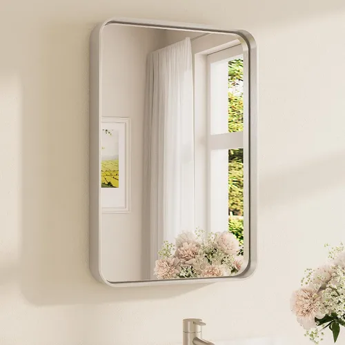 Vista 31 de Espejo de marco dorado cepillado de 16 x 24 pulgadas, espejo de tocador de baño de latón dorado para pared, espejo enmarcado rectangular de esquina