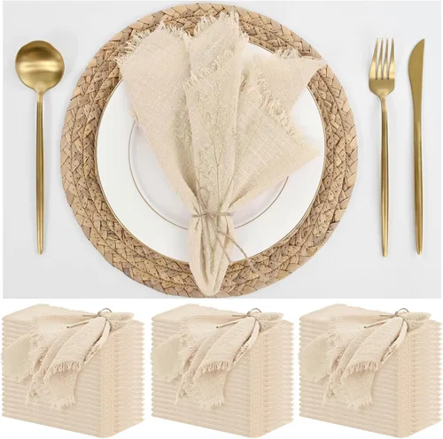 Vista 15 de Paquete de 12 servilletas de lino y algodón beige de 16 x 16 pulgadas, hechas a mano con flecos, servilletas de tela suave, lavables y rústicas