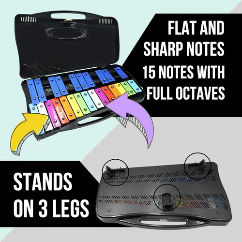 Vista 3 de Soulmate Xilófono Glockenspiel de 25 notas para niños, juguete musical colorido con teclas de metal, instrumento xilófono profesional con estuche