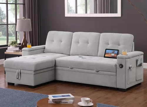 Vista 3 de Lilola Home Ashlyn II - Sofá modular reversible de tela tejida gris de 84 pulgadas con diván de almacenamiento, brazos de almacenamiento