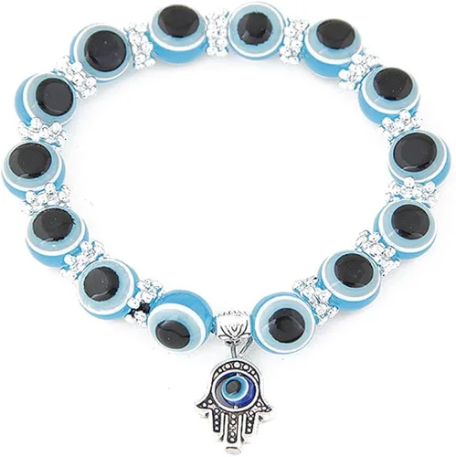 Vista 3 de Caiyao Juego de pulseras multicolor con cuentas de ojo malvado de la suerte amuleto turco Hamsa mal de ojo pulsera elástica elástica para mujeres