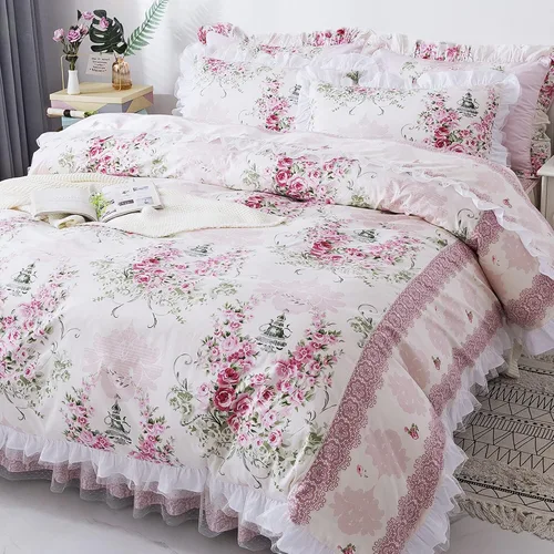 Vista 11 de FADFAY, Juego de ropa de cama romántica con estampado de flores, juego de cama rural rústico, funda de edredón con volantes de encaje de princesa