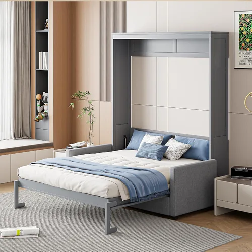 Vista 3 de Cama Murphy de tamaño completo, cama Murphy de madera con cojín, cama de pared con sofá para oficina en casa o habitación pequeña, gris