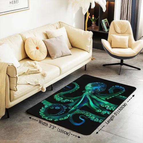 Vista 2 de Erosebridal Alfombra de pulpo de 3 x 5 pies, alfombra de vida marina, alfombra decorativa antideslizante para sala de estar, para niños
