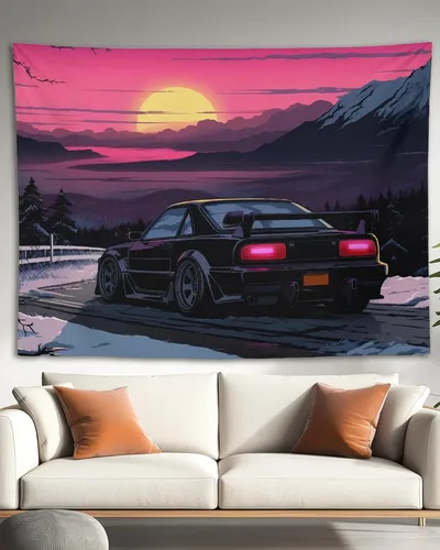 Vista 26 de QEOPGNE Tapiz de pared grande Jdm Anime Sunset Japanese Car S13, tapiz de pared para dormitorio, sala de estar, decoración estética, tapices de 30 x