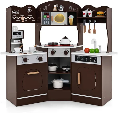 Vista 14 de Costzon Juego de cocina esquinera para niños, juego de cocina de juguete de madera con campana extractora de luces y sonidos, máquina de hielo