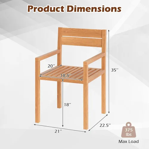 Vista 3 de Tangkula Silla de madera de teca para exteriores, sillón de comedor con asiento y respaldo de tablillas, muebles de asiento de madera maciza