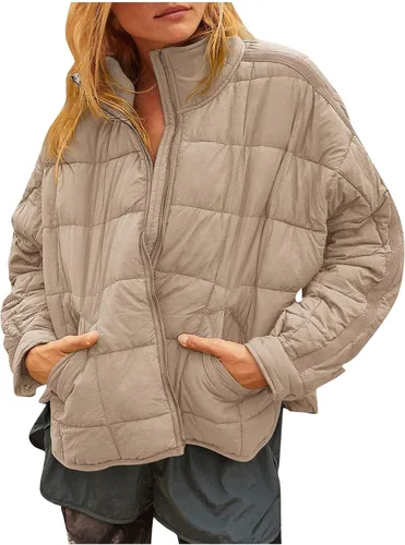 Vista 4 de HUANKD Abrigo de invierno para mujer, color sólido, manga larga, bolsillos, chaqueta de algodón para otoño y cremallera