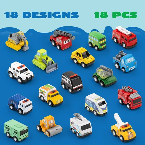 Vista 4 de JOYIN Juego de 18 autos de tracción hacia atrás y 18 piezas de juguete de goma suave, mini vehículos de juguete, auto para niños pequeños, recuerdos