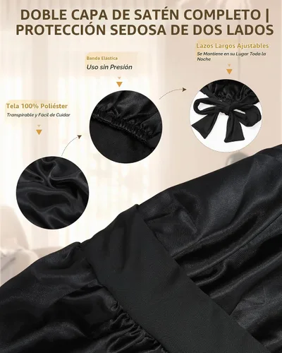 Vista 3 de AWAYTR Gorro largo de satén para mujer, gorro de seda elástica de doble capa para trenzas, gorro de dormir con banda de amarre (negro)