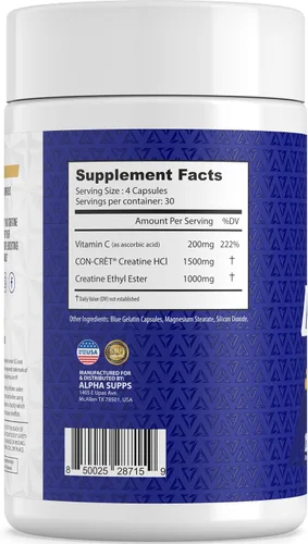 Vista 3 de Alpha Supps Cre X2 Creatina HCL – Fórmula de creatina CON-CRET y mezcla de éster etílico CEE – Alta potencia para un mejor rendimiento y apoyo