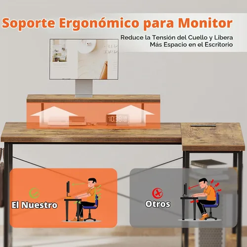 Vista 4 de Mericonia Escritorio para computadora en forma de L con tomas de corriente, escritorio para juegos reversible con estantes de almacenamiento y Marrón