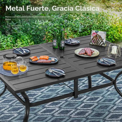 Vista 5 de PHI VILLA - Juego de comedor para exterior de 7 piezas para 6, mesa rectangular de acero negro con sillas fijas y giratorias de hierro, gran juego