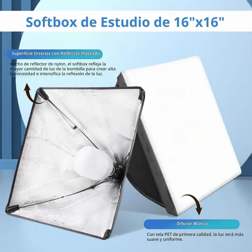 Vista 2 de UBeesize Softbox Kit de Iluminación para Fotografía, Kit de Iluminación Continua de 16" x 16" con Bombilla de Socket E27 de 40W 6500K, Iluminación