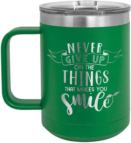 Vista 19 de Nunca renuncies a las cosas que hacen sonreír, taza de café negra de 15 oz con tapa superior deslizante, taza de café de viaje aislada, regalo