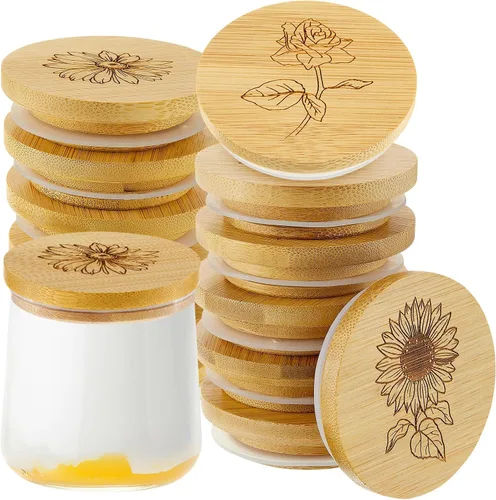 Vista 8 de Gueevin Juego de 6 tapas para tarros de yogur a granel de madera de bambú compatibles con tarros de yogur Oui, redondos, reutilizables, con anillos