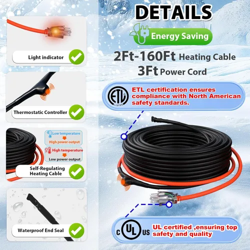 Vista 7 de HEATIT Cable calefactor autorregulador de tubería de 2 pies para protección contra congelación de tuberías, automático con termostato integrado