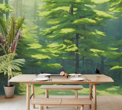 Vista 4 de Papel tapiz de árbol forestal, papel tapiz extraíble de bosque verde, papel tapiz para despegar y pegar, papel tapiz temporal, impresiones de pared.