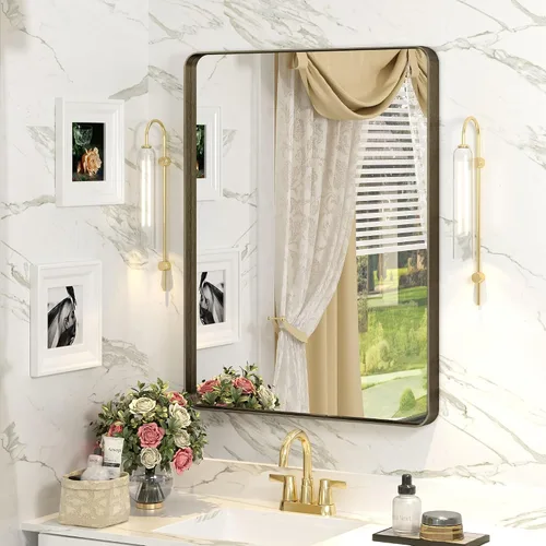 Vista 77 de Paquete de 2 espejos de baño con marco de metal negro de 22 x 30 pulgadas, espejo rectangular redondeado negro mate, antioxidante, se cuelga