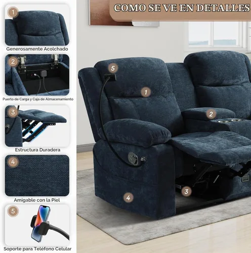 Vista 3 de Sofá reclinable de dos plazas con consola, color azul