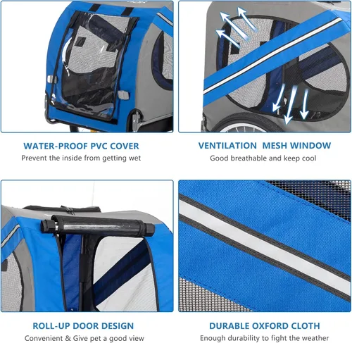 Vista 2 de PEXMOR Remolque de bicicleta para perros, carrito plegable para mascotas con enganche universal, transporte de carga para perro y ruedas de Azul