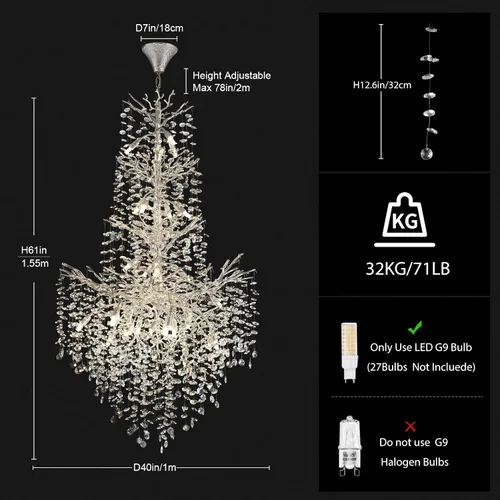 Vista 5 de Candelabros de Cristal Plateado H61'' para Techos Altos, Candelabros de Escalera, Candelabro Moderno de Rama de Árbol de Cristal, D40'' Candelabro