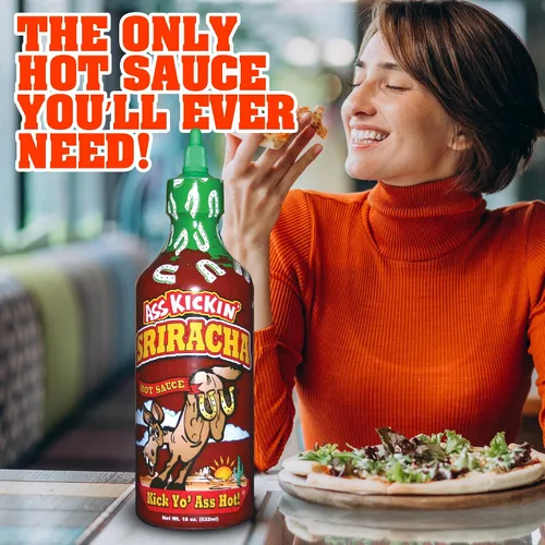 Vista 4 de Ass Kickin Sriracha salsa picante, botella de 18 onzas