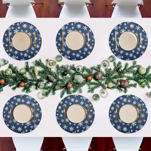 Vista 7 de White Blue Snowflakes Blue Dinner Table Placemats, Heat Resistant Non Slip Circle Washable Placemats for Kitchen one sizex1