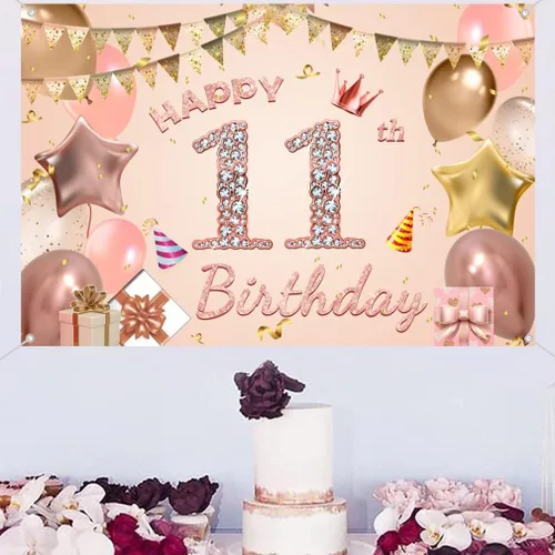 Vista 4 de Cartel de tela para decoración de cumpleaños número 11 para niñas de 11 años, cartel de tela para fiesta de cumpleaños de niña, fondo de foto rosa