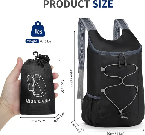 Vista 3 de Mochila de senderismo pequeña de 20L Mochila plegable ligera negra Negro