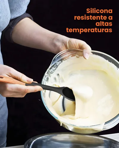 Vista 4 de Cucharas de cocina grandes de silicona, cuchara antiadherente con mango de madera maciza, cucharas de cocina de silicona resistentes al calor
