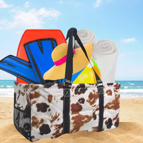 Vista 5 de NGIL Bolsa de comestibles reutilizable extra grande plegable de gran tamaño para comestibles, almacenamiento, picnic, playa, Estampado de vaca