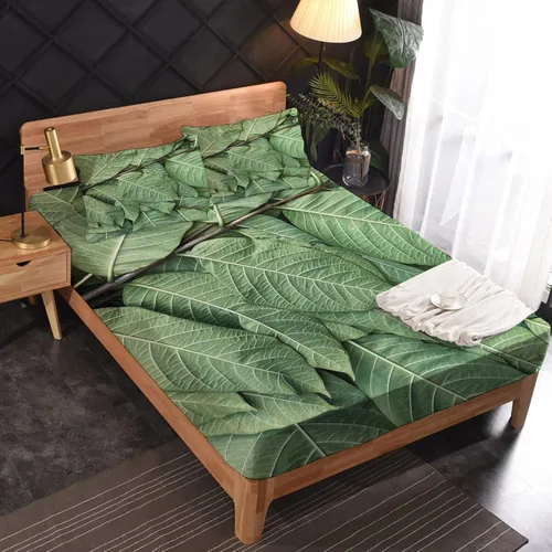 Vista 3 de NOGAWA Sábanas de hojas verdes, tamaño individual, sábanas de plantas tropicales, sábanas y fundas de almohada estampadas de 3 piezas, sábana bajera