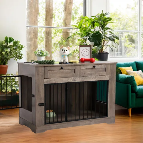 Vista 7 de Muebles de Jaula Grande para Perros - Jaula Decorativa Resistente para Perros de Interiores, Mesa Auxiliar de Jaula de Perro de Madera con Estación