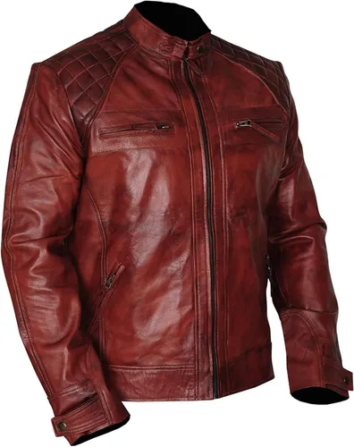 Vista 2 de Chaqueta de cuero vintage con hombros acolchados para hombre, estilo retro, clásico, con diamantes desgastados, para motocicleta, Cafe Racer