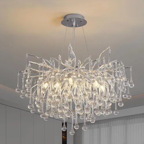 Vista 14 de Lámpara de araña moderna de cristal en forma de gota de lluvia, lámpara lineal negra rectangular de 40' de la serie Art Deco con forma de rama