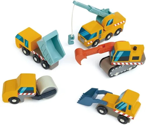 Vista 3 de Tender Leaf Toys - Sitio de construcción - Cuatro vehículos pesados con camión grúa, rodillo de carretera, camión volquete y cargador frontal
