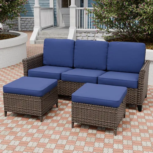 Vista 11 de Canyon Ridge - Sofá de mimbre para patio con 2 otomanas, muebles de balcón pequeños, juego de muebles de exterior, sofá de 3 asientos, marrón/beige