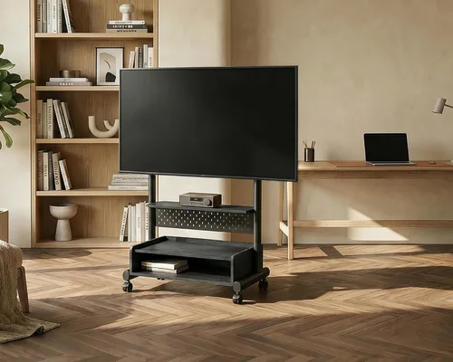 Vista 7 de FITUEYES Soporte de suelo de TV rodante para televisores de 40 a 85 pulgadas, soporte de TV móvil resistente con ruedas con cerradura, carrito de TV