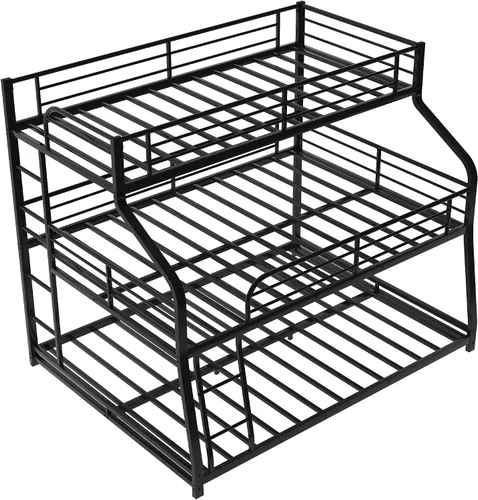 Vista 5 de Flieks Cama triple de metal individual XL sobre matrimonial XL sobre cama Queen con escaleras, litera para familia, adolescentes, no necesita somier