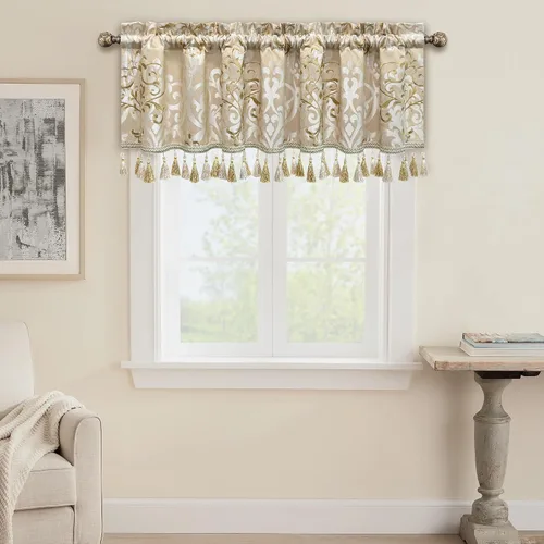 Vista 27 de Loom and Mill Cenefas de jacquard de lujo para ventana de sala de estar, elegante cenefa de cortina de damasco beige con ribete de cuentas, cortina