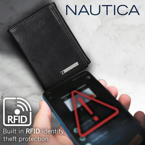 Vista 63 de Nautica Men's Trifold Wallet RFID Blocking Protection ID Window Card Slots Genuine Leather Durable