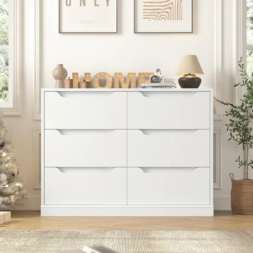 Vista 4 de Hostack - Cómoda moderna de 6 cajones para dormitorio, cómoda doble de madera con almacenamiento, organizador de almacenamiento de madera grande