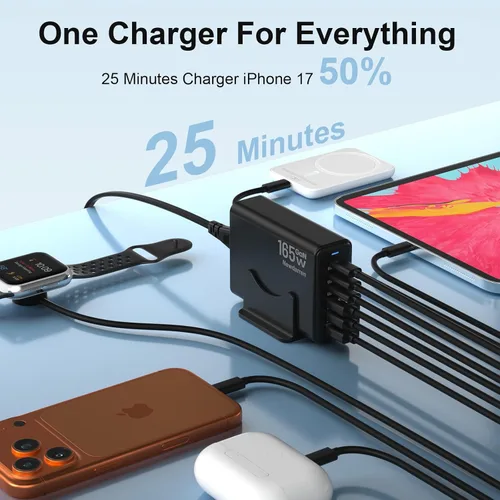 Vista 3 de Estación de carga USB C GaN de 165 W, cargador de escritorio de 6 puertos con carga rápida USB-C de 40 W, concentrador de carga multipuerto